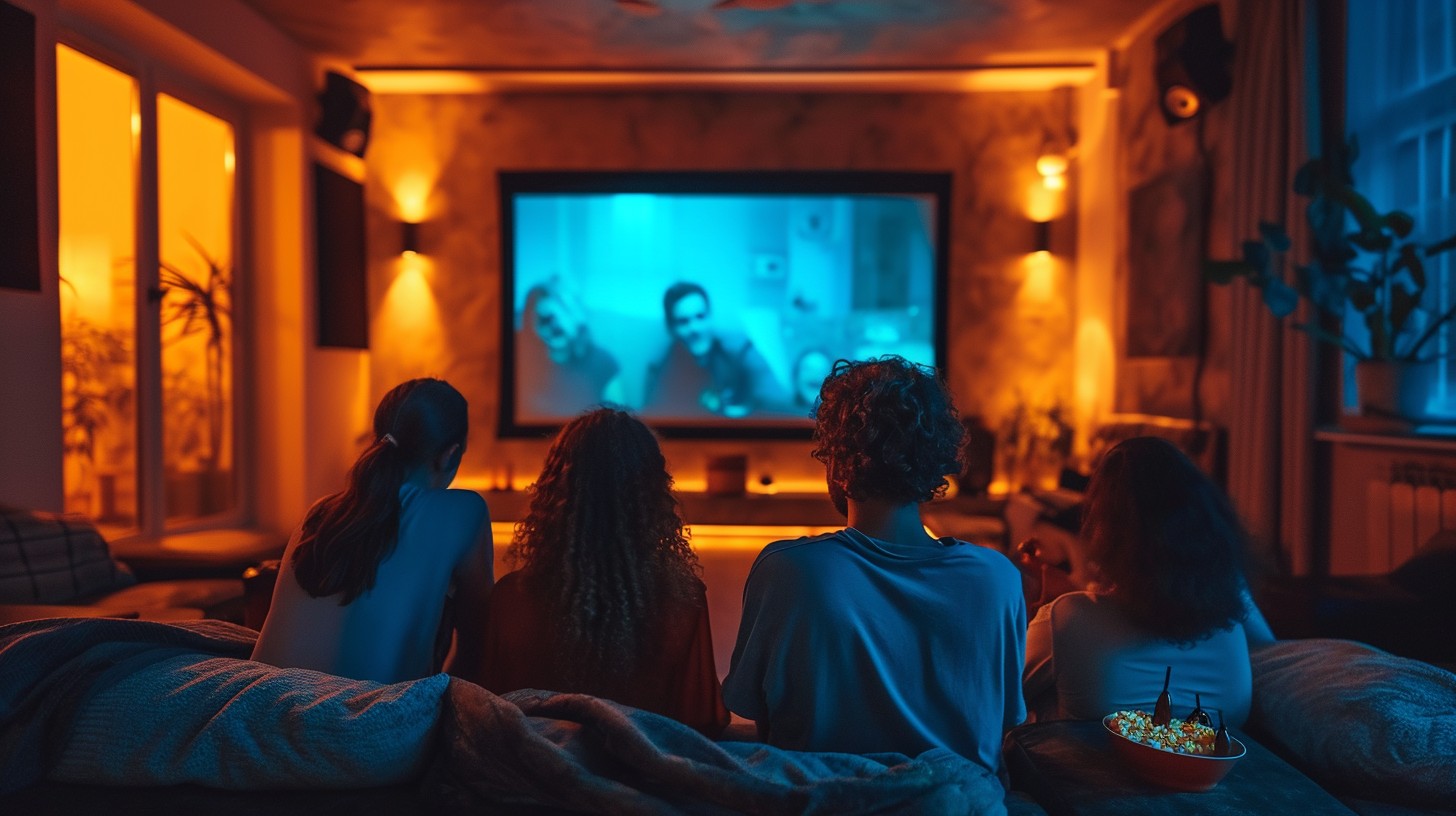 Cozy living room with four people watching a movie under warm ambient lighting.