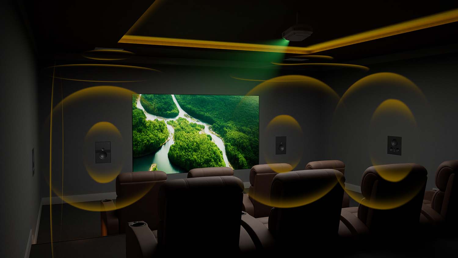 Home theater with reclining seats facing a large screen and illustrated sound waves throughout the room.